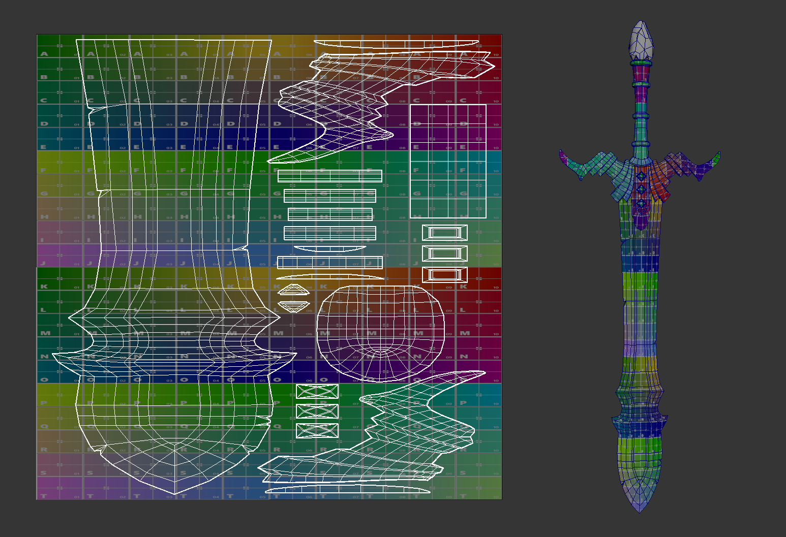 A 3D fantasy sword showing the mesh wireframe and wrapped with a debug grid texure which is also shown in the UV layout which shows overlapped and mirrored UVs on the blade, guard, and handle