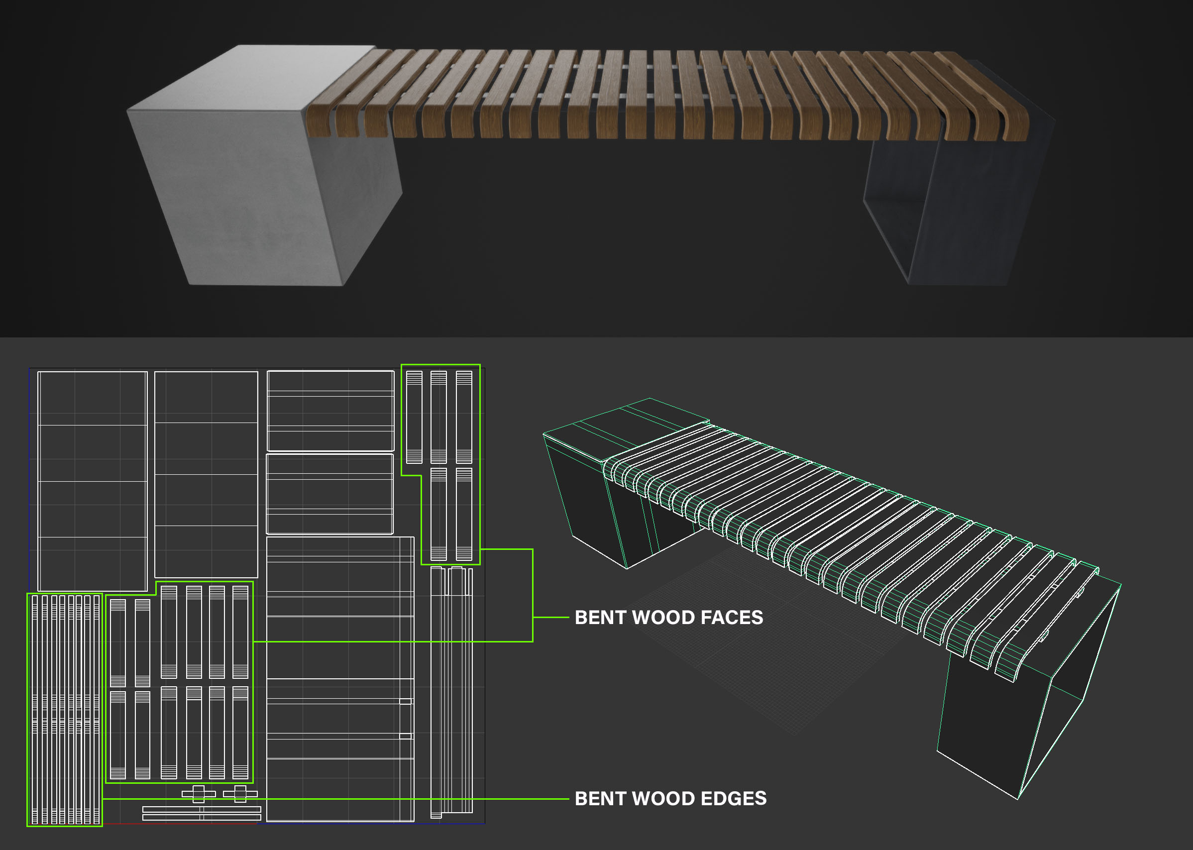 A 3D bent wood, concrete, and metal bench asset render above the wireframe mesh of the bench and the UV layout for the bench. Callouts show the bend wood face and edge UVs overlapping in different areas of the layout
